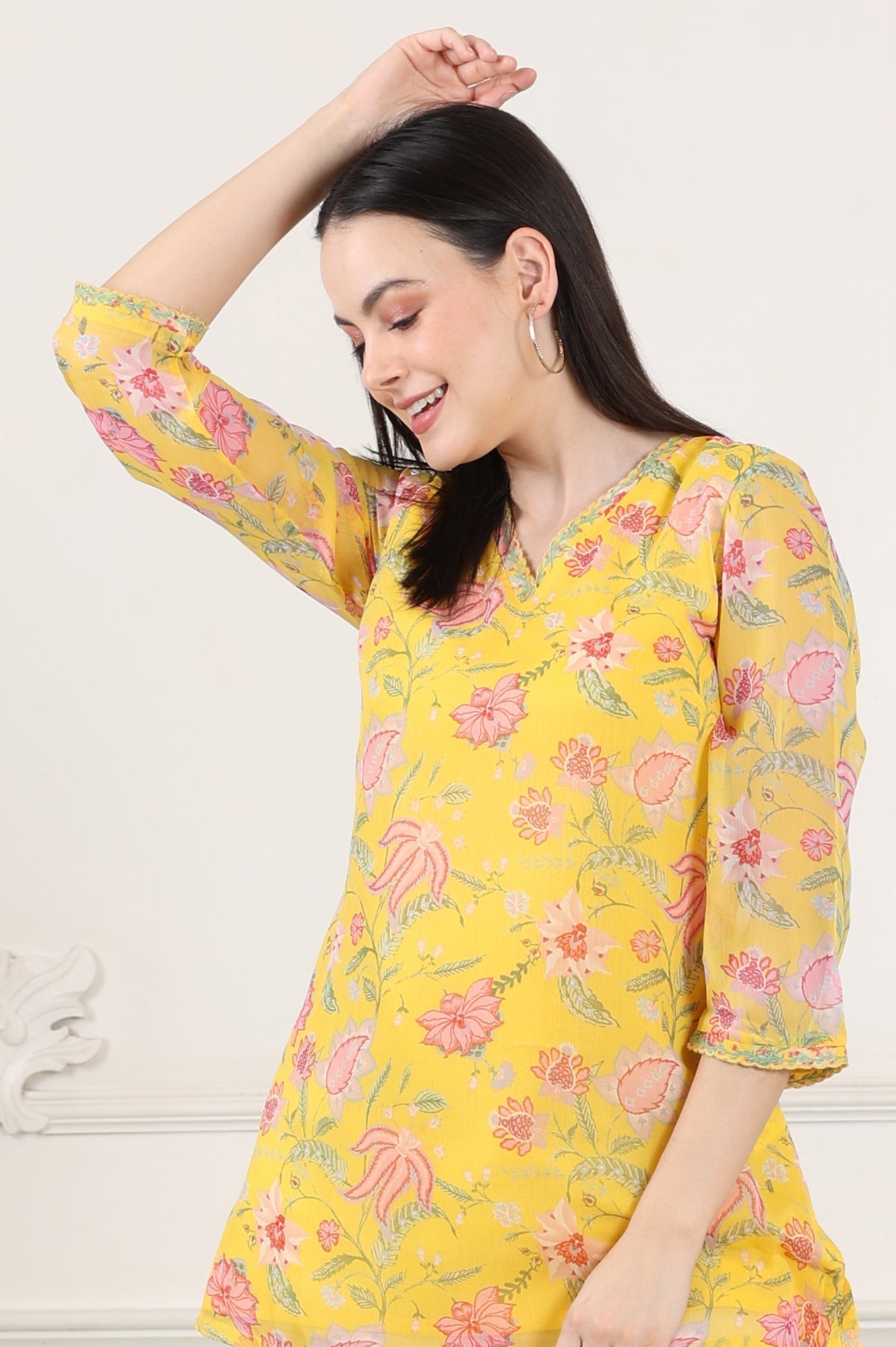 W for Woman Yellow Floral Printed Chiffon Tunic With Embroidered Neckline  Grab2Buy WforWoman Grab2Buy