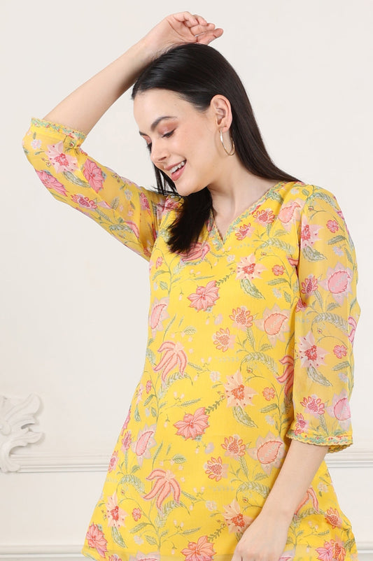 W for Woman Yellow Floral Printed Chiffon Tunic With Embroidered Neckline  Grab2Buy WforWoman Grab2Buy