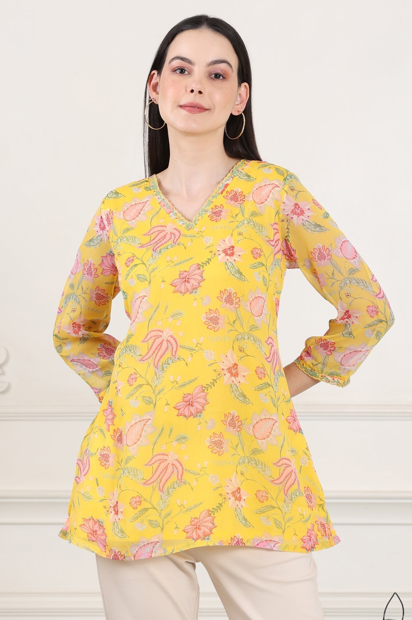 W for Woman Yellow Floral Printed Chiffon Tunic With Embroidered Neckline  Grab2Buy WforWoman Grab2Buy