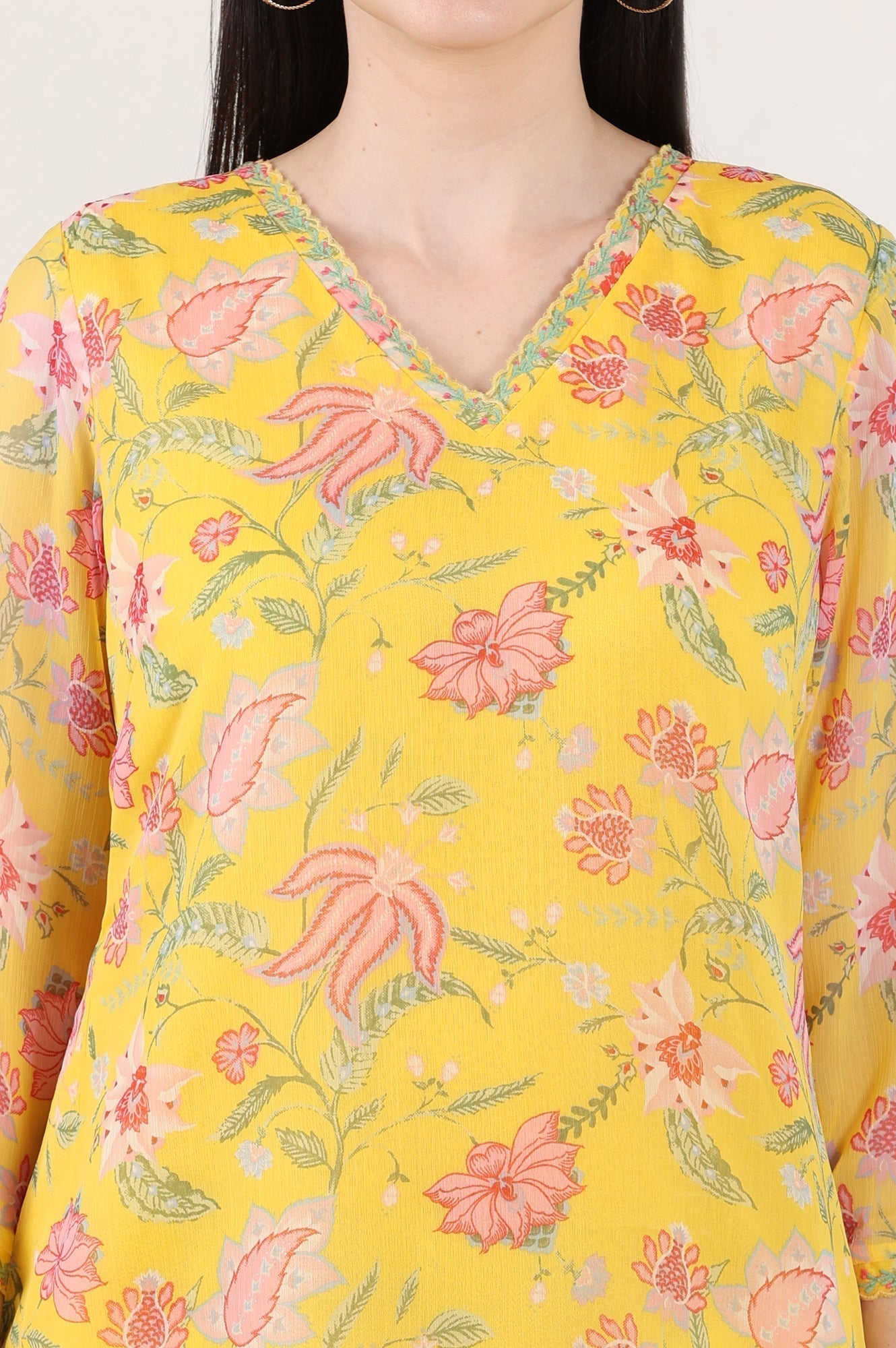 W for Woman Yellow Floral Printed Chiffon Tunic With Embroidered Neckline  Grab2Buy WforWoman Grab2Buy