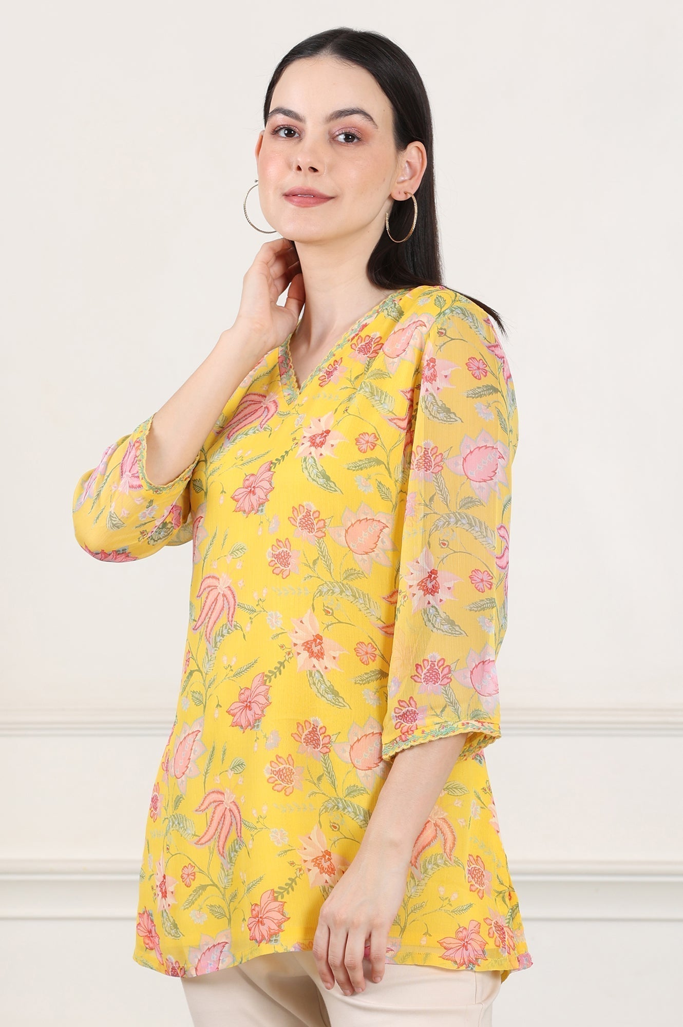 W for Woman Yellow Floral Printed Chiffon Tunic With Embroidered Neckline  Grab2Buy WforWoman Grab2Buy