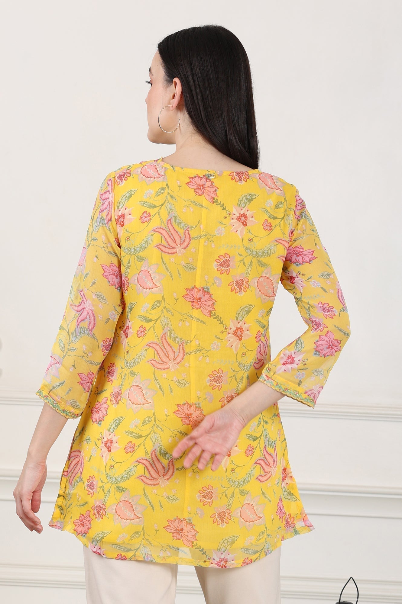 W for Woman Yellow Floral Printed Chiffon Tunic With Embroidered Neckline  Grab2Buy WforWoman Grab2Buy