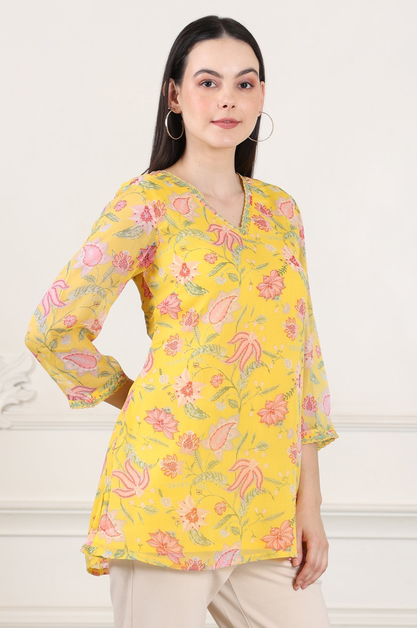 W for Woman Yellow Floral Printed Chiffon Tunic With Embroidered Neckline  Grab2Buy WforWoman Grab2Buy