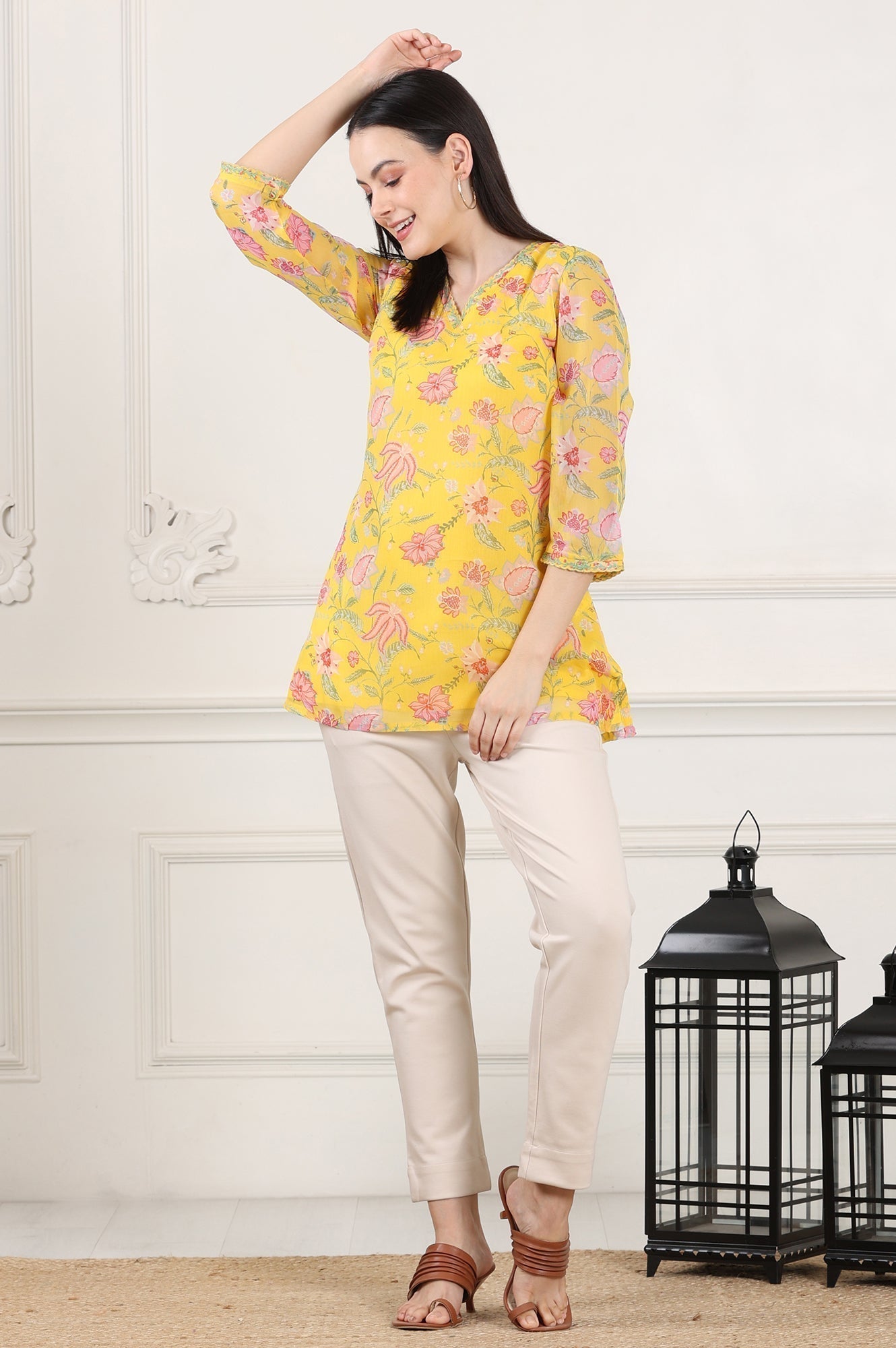 W for Woman Yellow Floral Printed Chiffon Tunic With Embroidered Neckline  Grab2Buy WforWoman Grab2Buy