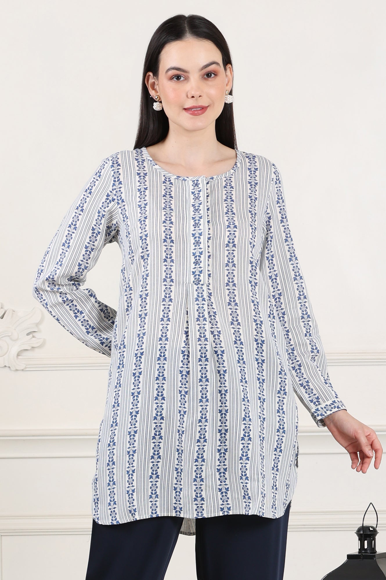 W for Woman White Floral Printed Rayon Flax Tunic With Front Pleats  Grab2Buy WforWoman Grab2Buy