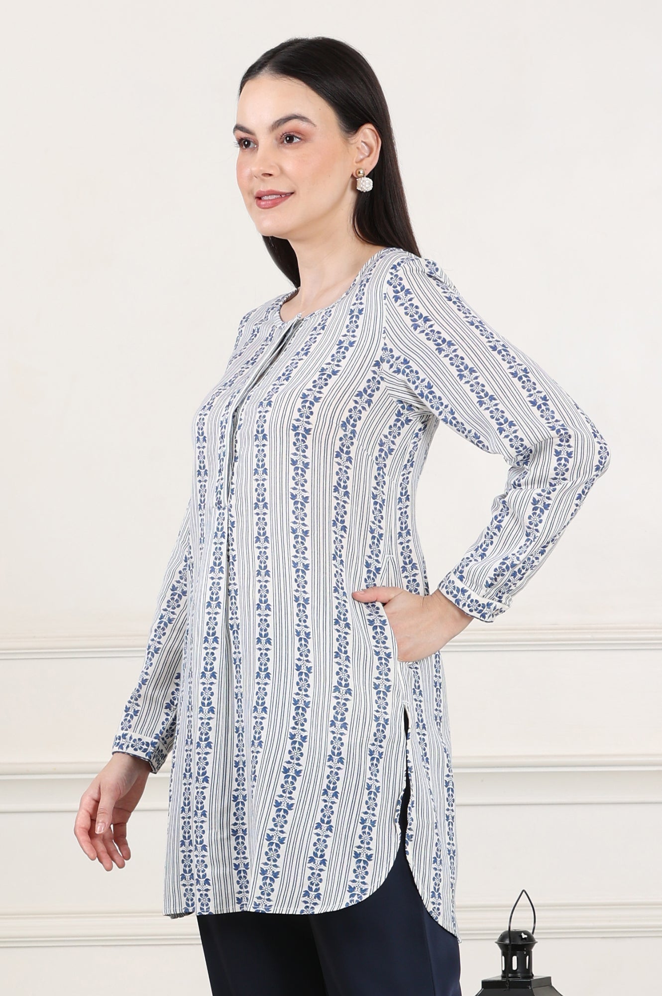 W for Woman White Floral Printed Rayon Flax Tunic With Front Pleats  Grab2Buy WforWoman Grab2Buy