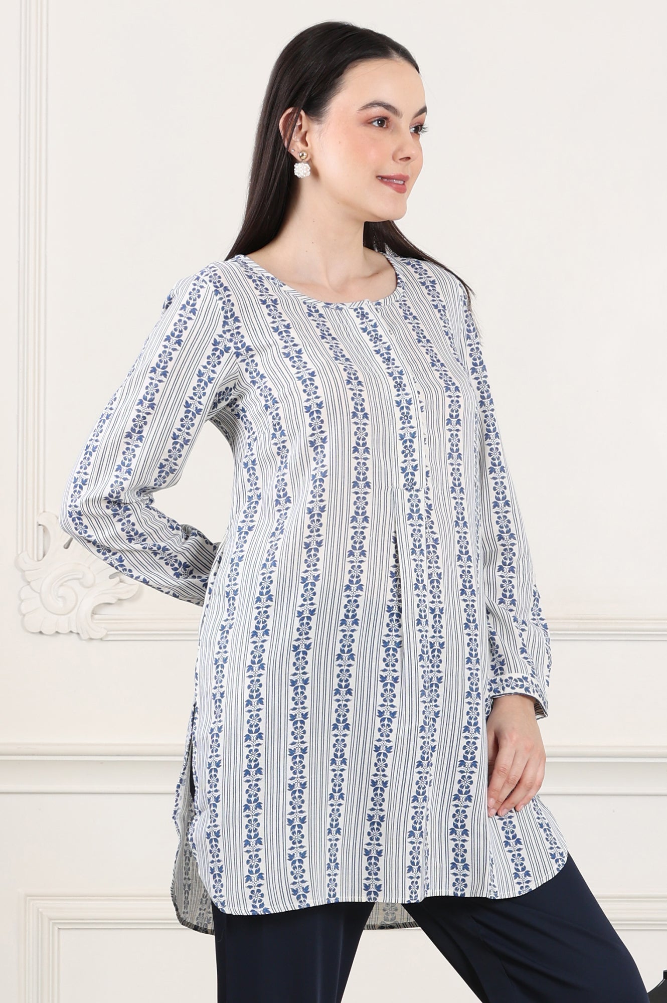 W for Woman White Floral Printed Rayon Flax Tunic With Front Pleats  Grab2Buy WforWoman Grab2Buy