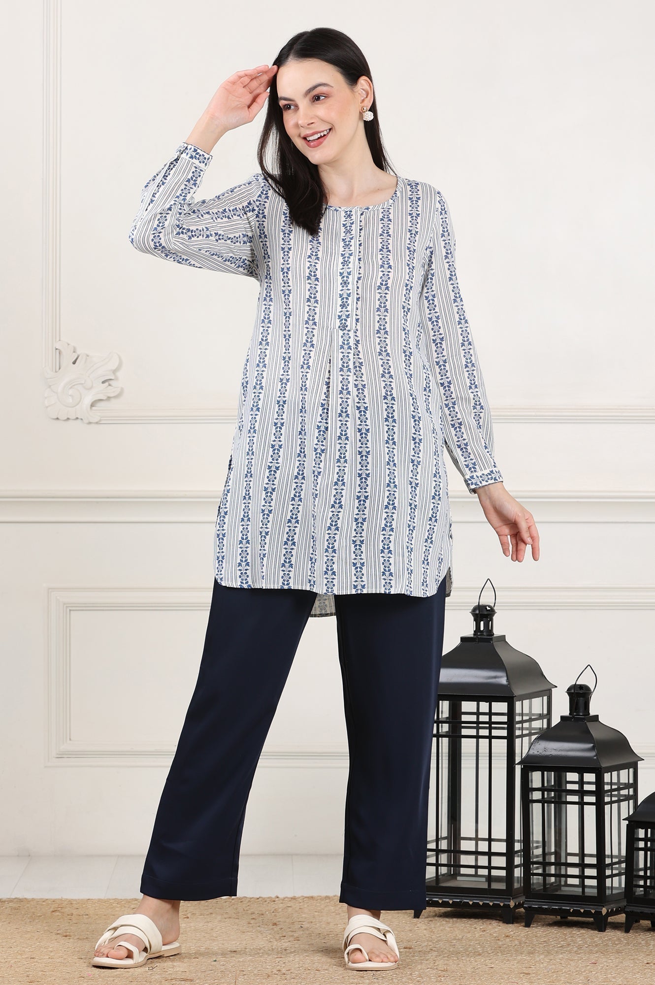W for Woman White Floral Printed Rayon Flax Tunic With Front Pleats  Grab2Buy WforWoman Grab2Buy