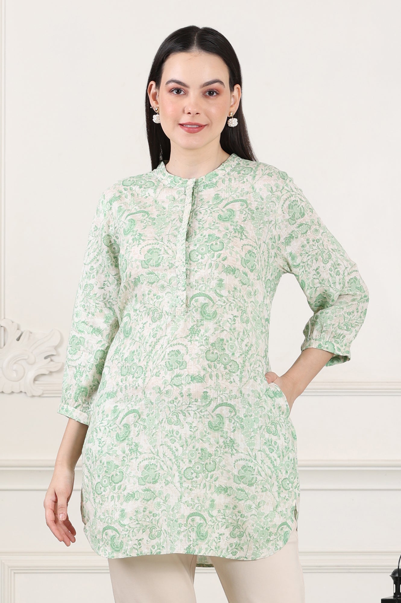 W for Woman White Floral Printed Swiss Dot Straight Tunic  Grab2Buy WforWoman Grab2Buy