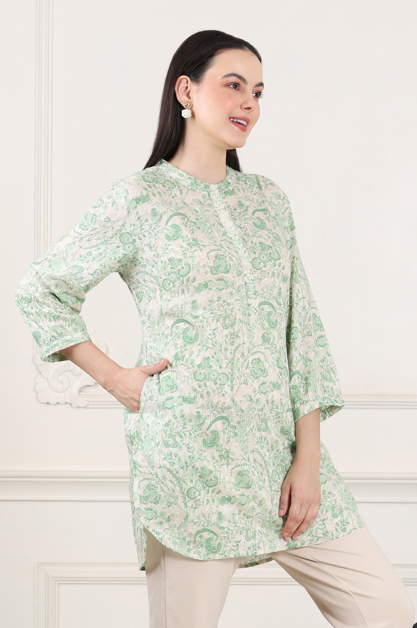 W for Woman White Floral Printed Swiss Dot Straight Tunic  Grab2Buy WforWoman Grab2Buy