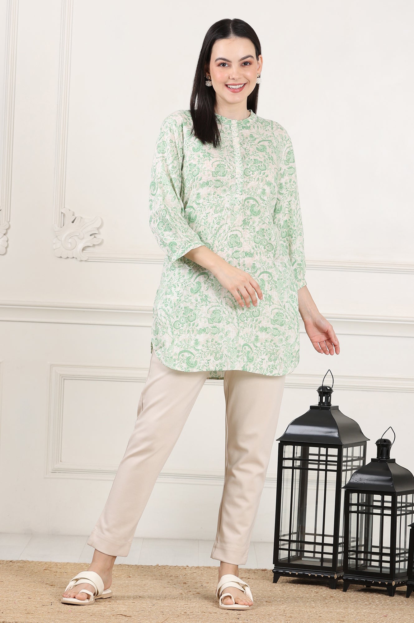 W for Woman White Floral Printed Swiss Dot Straight Tunic  Grab2Buy WforWoman Grab2Buy