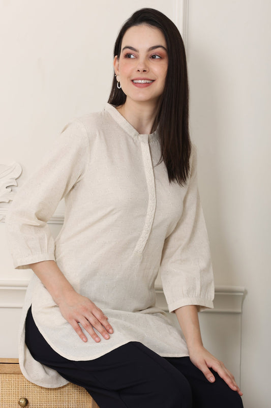 W for Woman White Solid Textured Cotton Flax Mandarin Collar Tunic  Grab2Buy WforWoman Grab2Buy