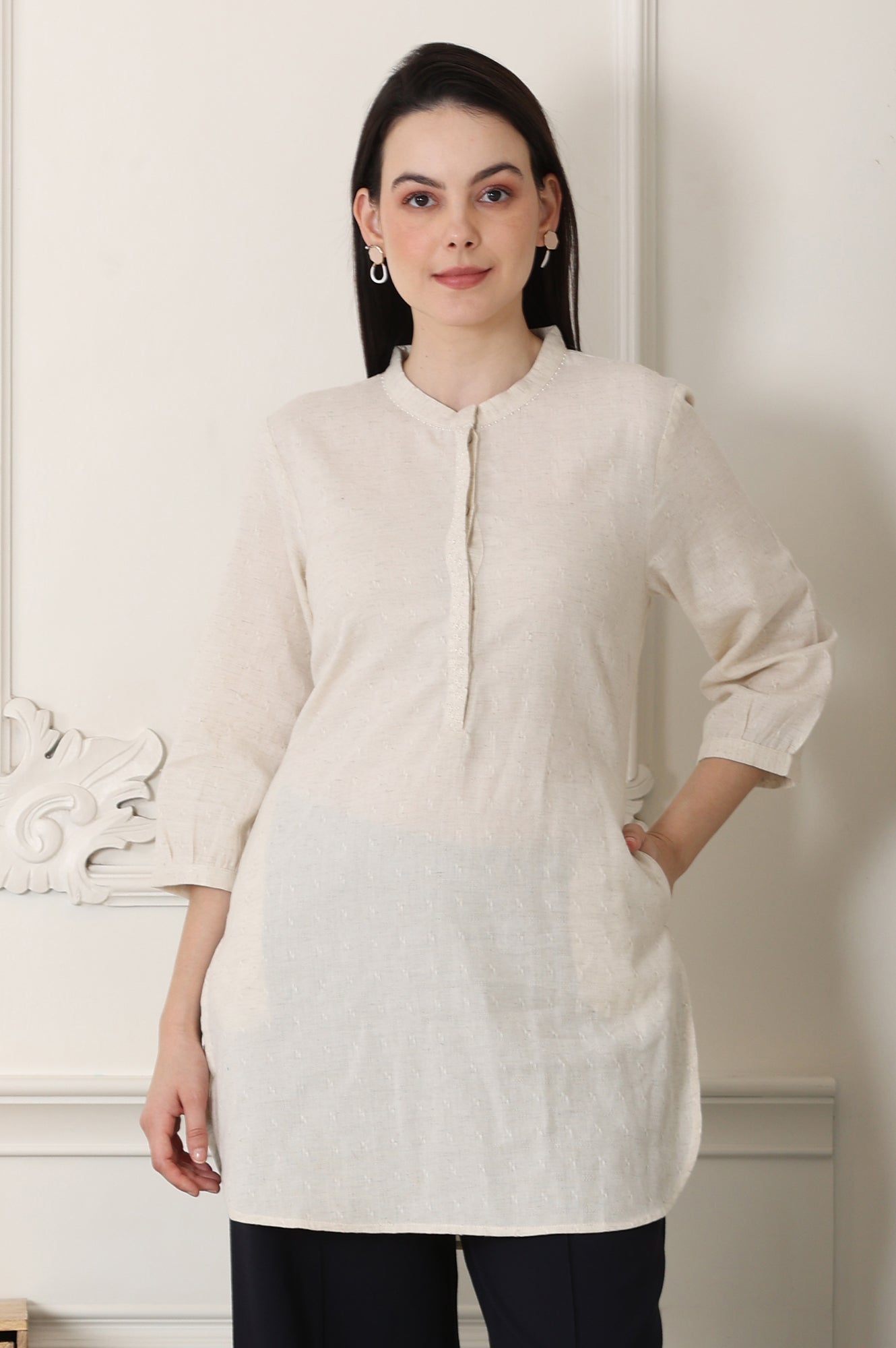 W for Woman White Solid Textured Cotton Flax Mandarin Collar Tunic  Grab2Buy WforWoman Grab2Buy