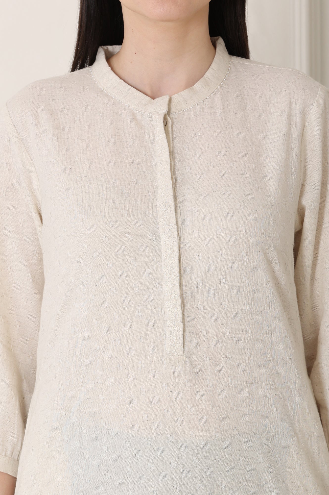 W for Woman White Solid Textured Cotton Flax Mandarin Collar Tunic  Grab2Buy WforWoman Grab2Buy