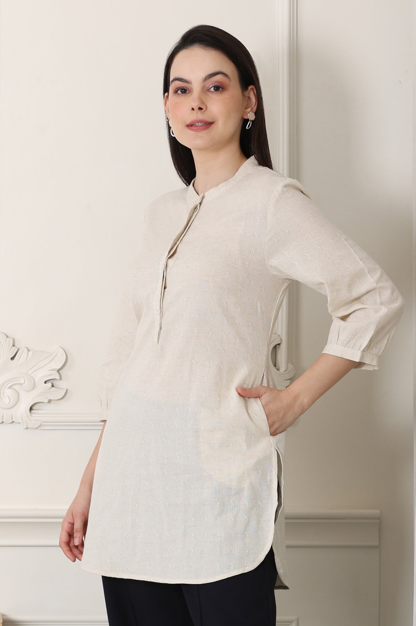 W for Woman White Solid Textured Cotton Flax Mandarin Collar Tunic  Grab2Buy WforWoman Grab2Buy