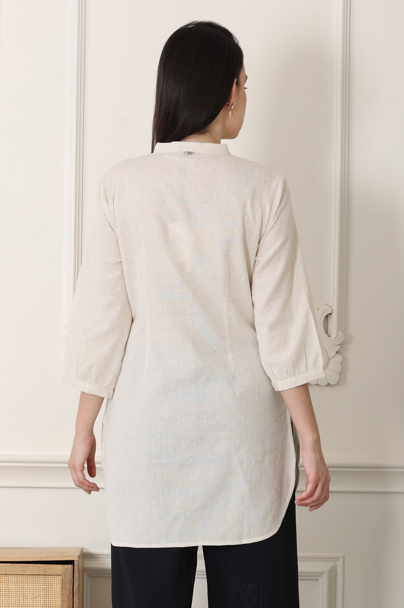 W for Woman White Solid Textured Cotton Flax Mandarin Collar Tunic  Grab2Buy WforWoman Grab2Buy