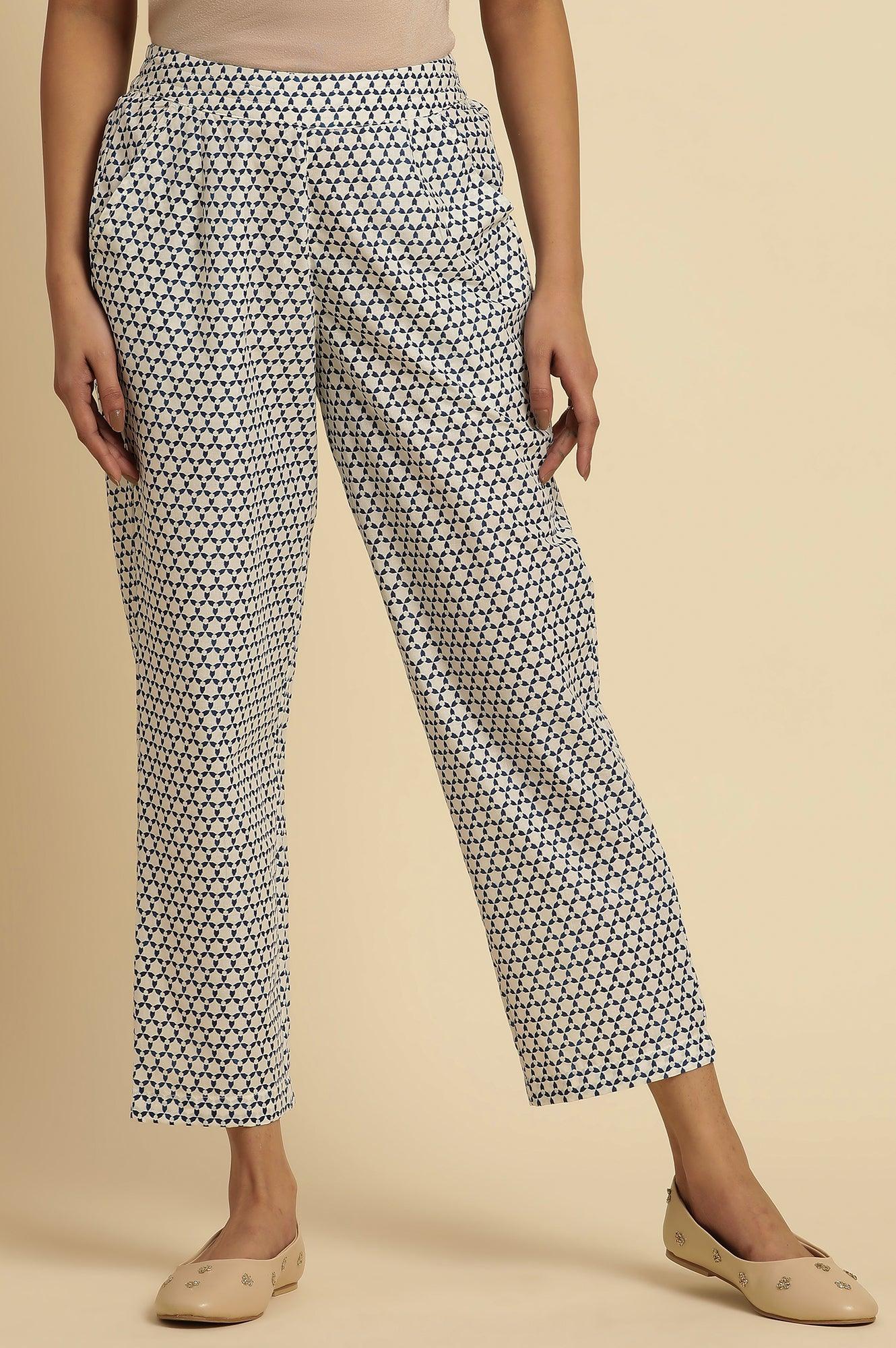 W for Woman White Straight Pants With Blue Triangle Print  Grab2Buy WforWoman Grab2Buy