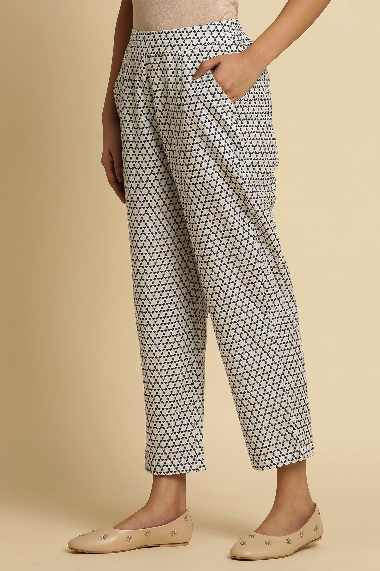 W for Woman White Straight Pants With Blue Triangle Print  Grab2Buy WforWoman Grab2Buy