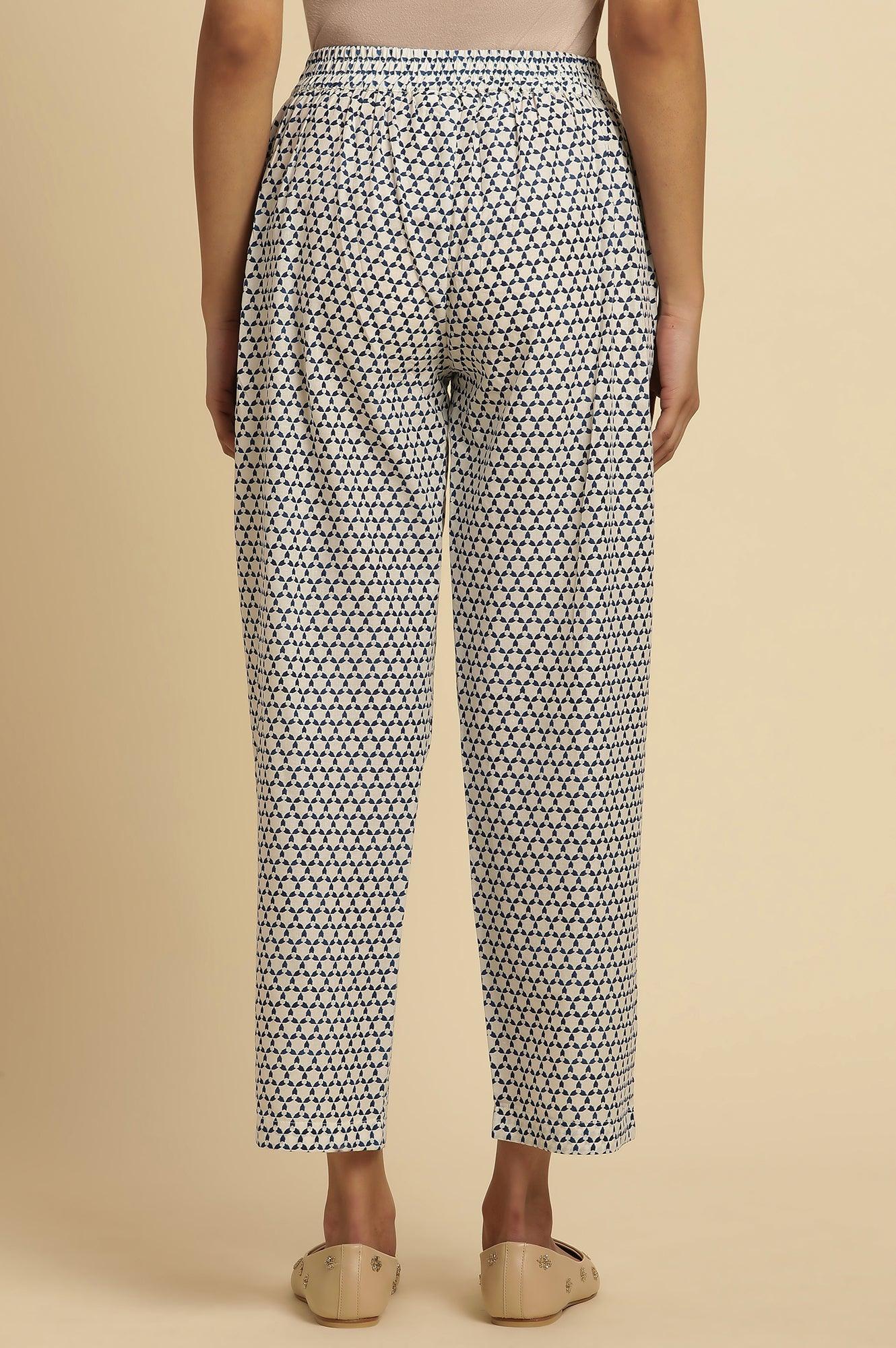 W for Woman White Straight Pants With Blue Triangle Print  Grab2Buy WforWoman Grab2Buy