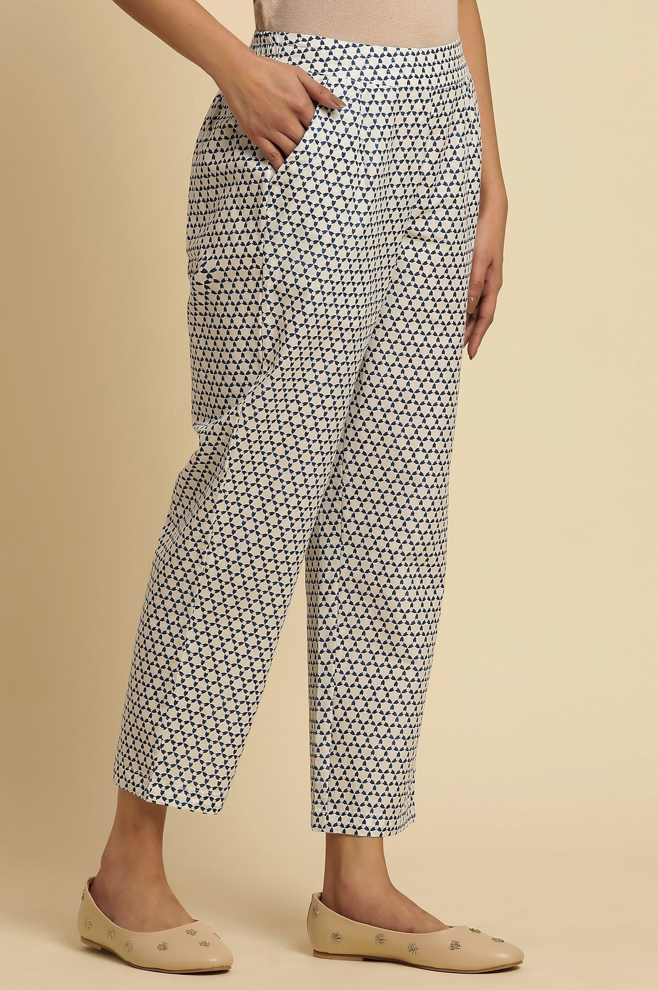W for Woman White Straight Pants With Blue Triangle Print  Grab2Buy WforWoman Grab2Buy