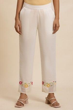 W for Woman White Cotton Pants With Embroidered Mesh Hemline  Grab2Buy WforWoman Grab2Buy