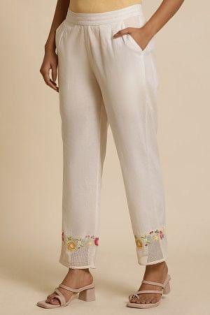 W for Woman White Cotton Pants With Embroidered Mesh Hemline  Grab2Buy WforWoman Grab2Buy