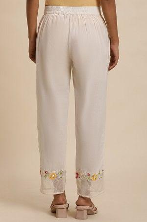 W for Woman White Cotton Pants With Embroidered Mesh Hemline  Grab2Buy WforWoman Grab2Buy