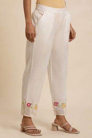 W for Woman White Cotton Pants With Embroidered Mesh Hemline  Grab2Buy WforWoman Grab2Buy