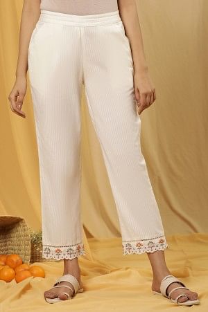 W for Woman Whte Stripe Printed Cotton Pants With Embroidered Hemline  Grab2Buy WforWoman Grab2Buy