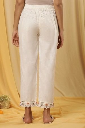 W for Woman Whte Stripe Printed Cotton Pants With Embroidered Hemline  Grab2Buy WforWoman Grab2Buy