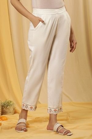 W for Woman Whte Stripe Printed Cotton Pants With Embroidered Hemline  Grab2Buy WforWoman Grab2Buy