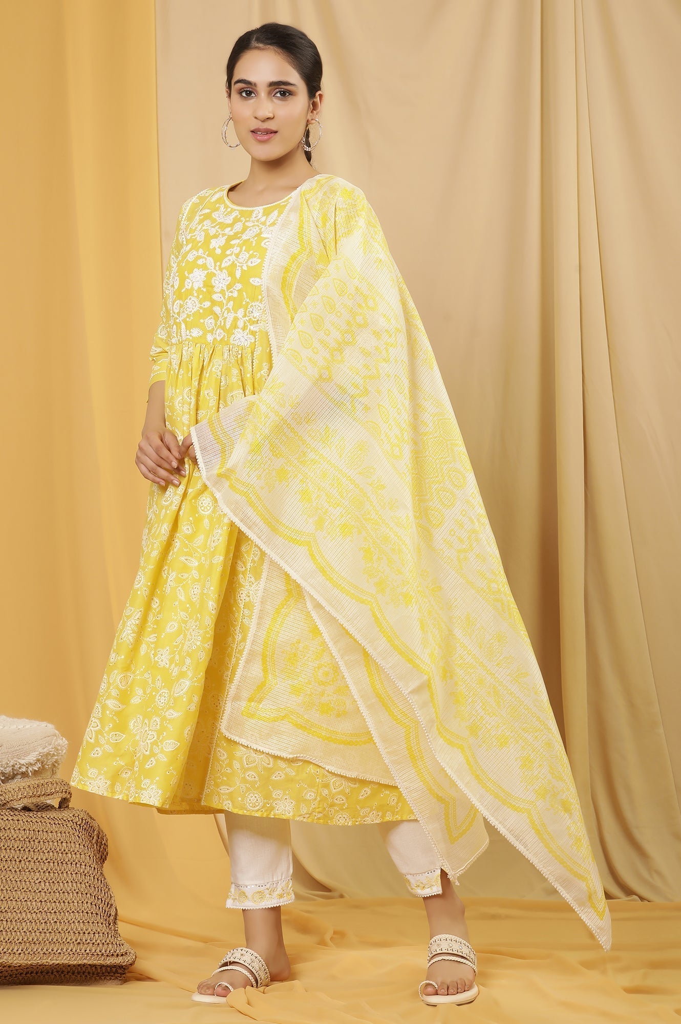 W for Woman White And Yellow Floral Printed Kota Dupatta
