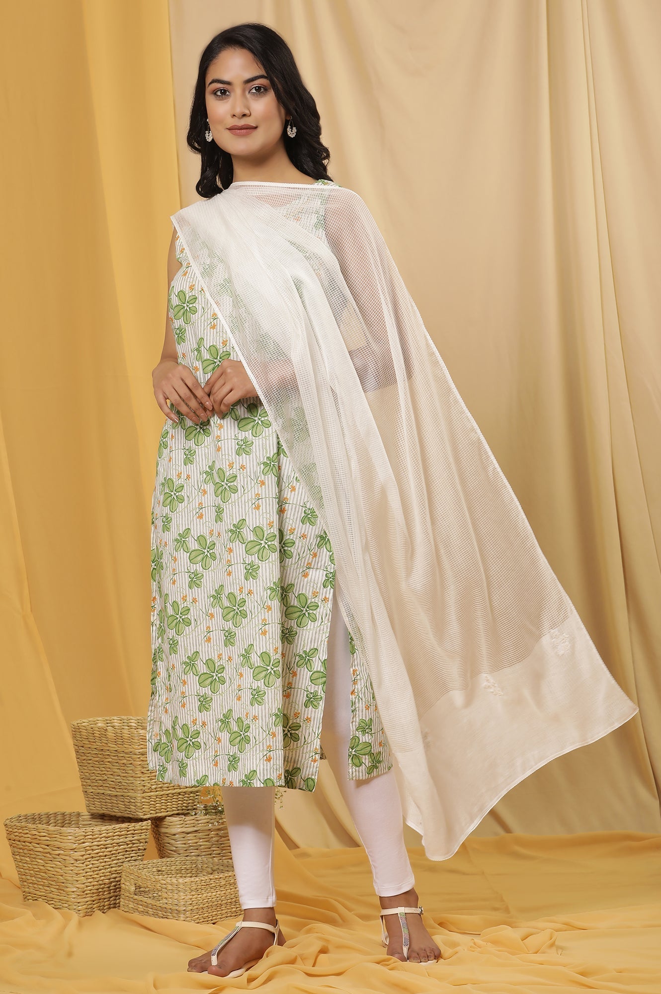 W for Woman White Kota Embroidered Dupatta With Lace