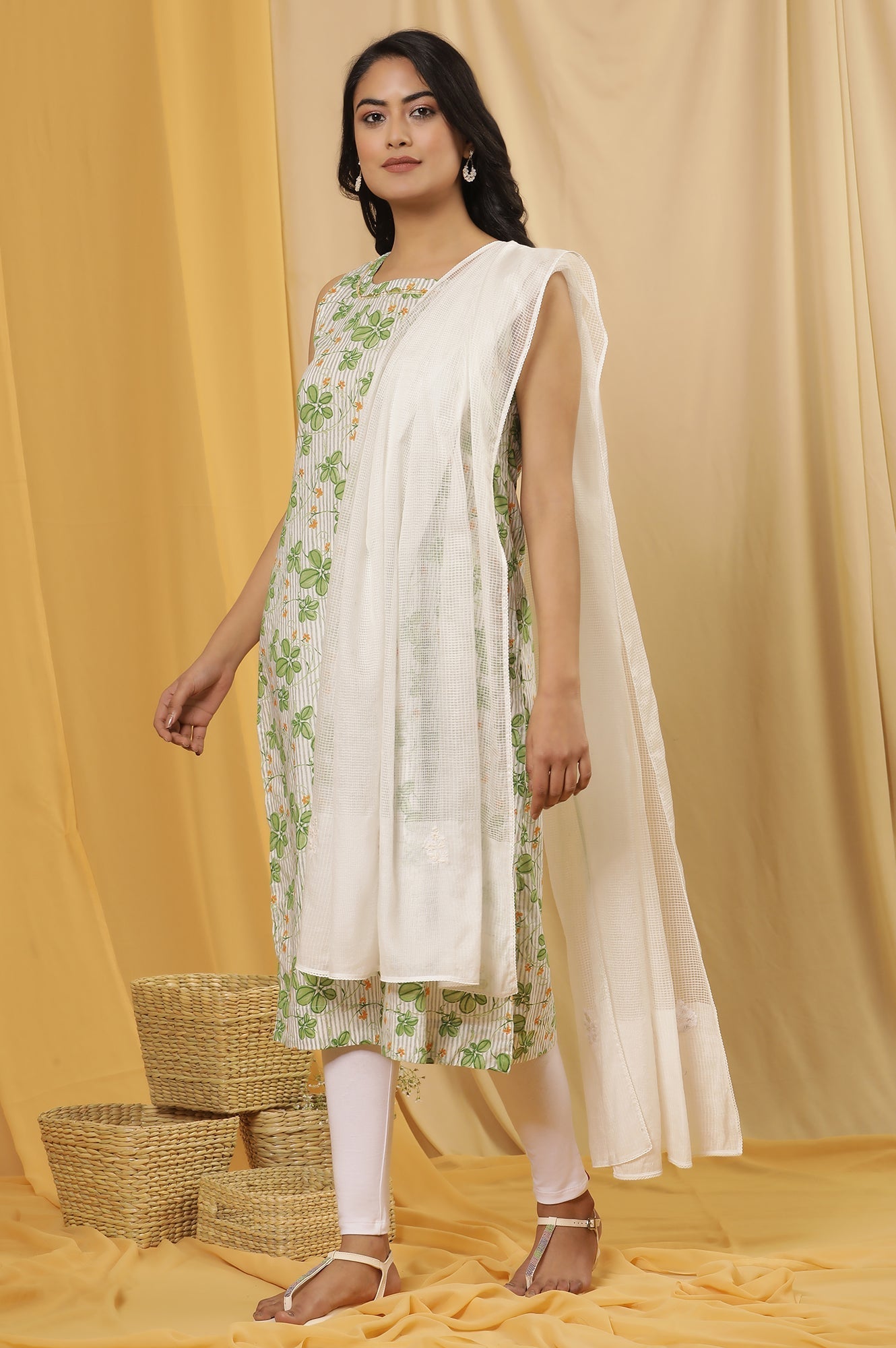 W for Woman White Kota Embroidered Dupatta With Lace