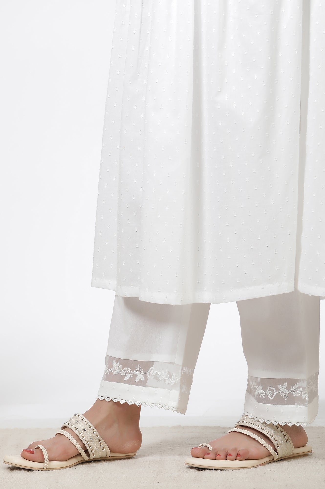 W for Woman White Embellished Kurta, Pants and Dupatta Set