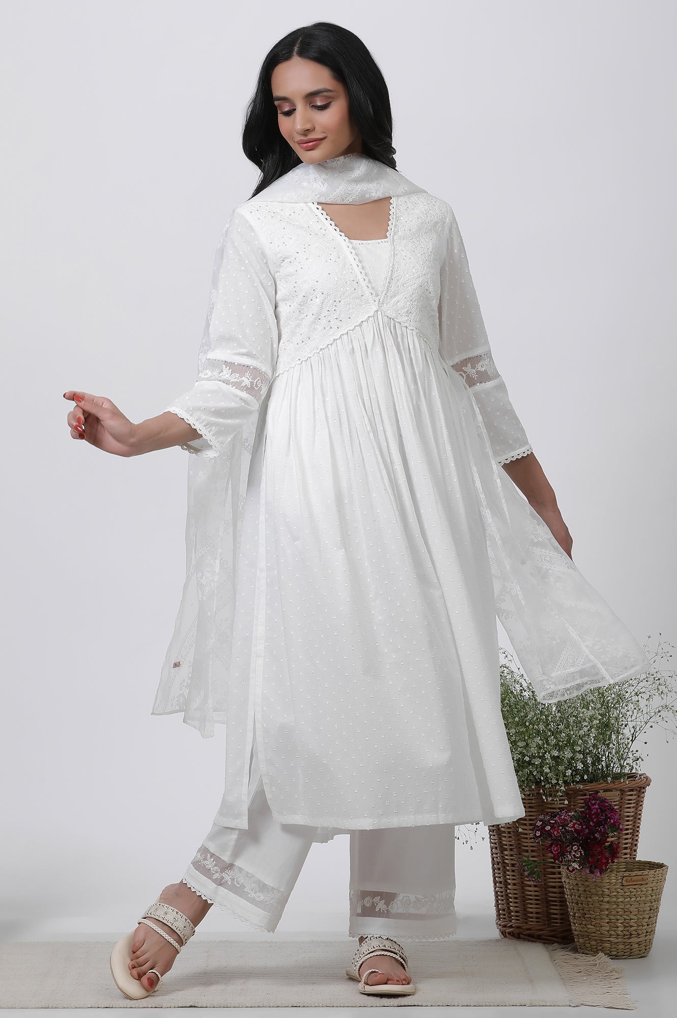 W for Woman White Embellished Kurta, Pants and Dupatta Set