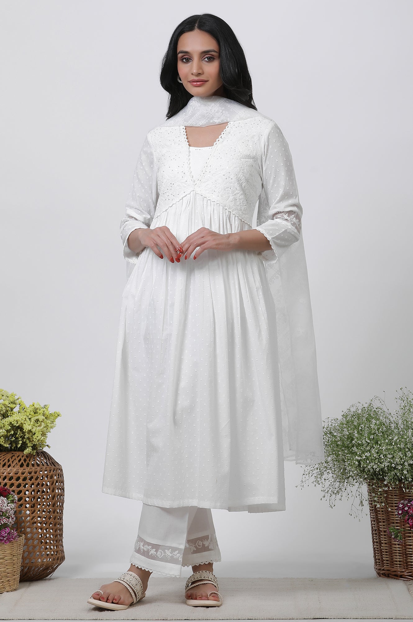 W for Woman White Embellished Kurta, Pants and Dupatta Set