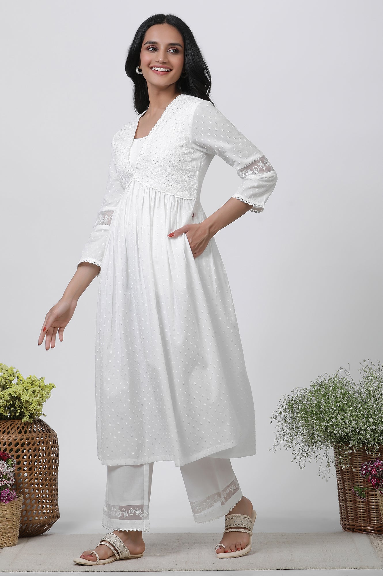 W for Woman White Embellished Kurta, Pants and Dupatta Set