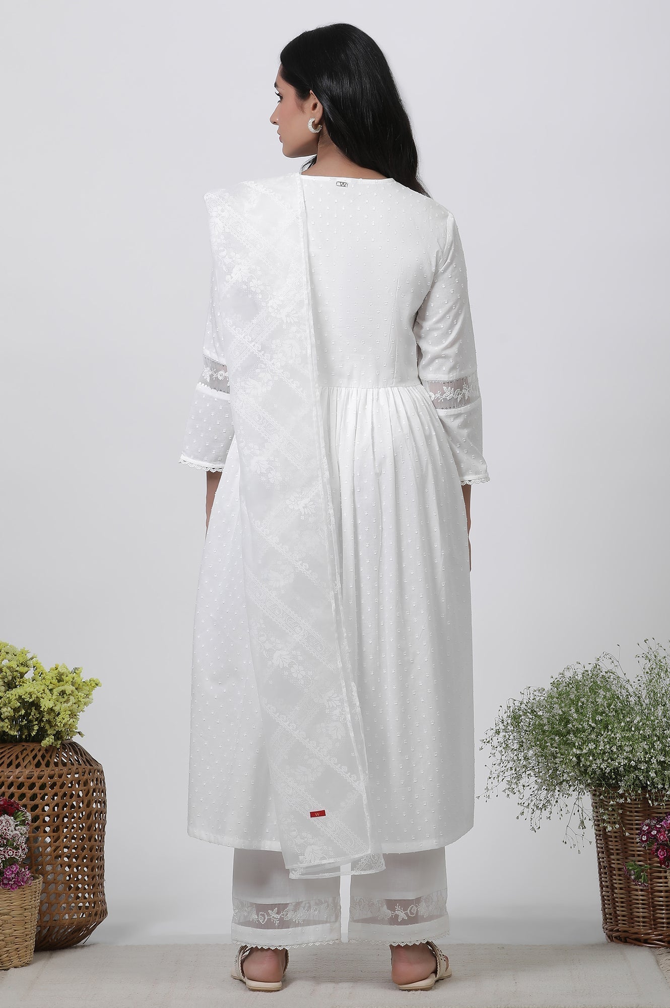 W for Woman White Embellished Kurta, Pants and Dupatta Set