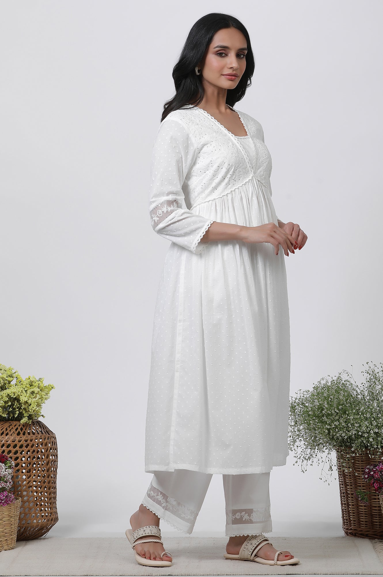 W for Woman White Embellished Kurta, Pants and Dupatta Set