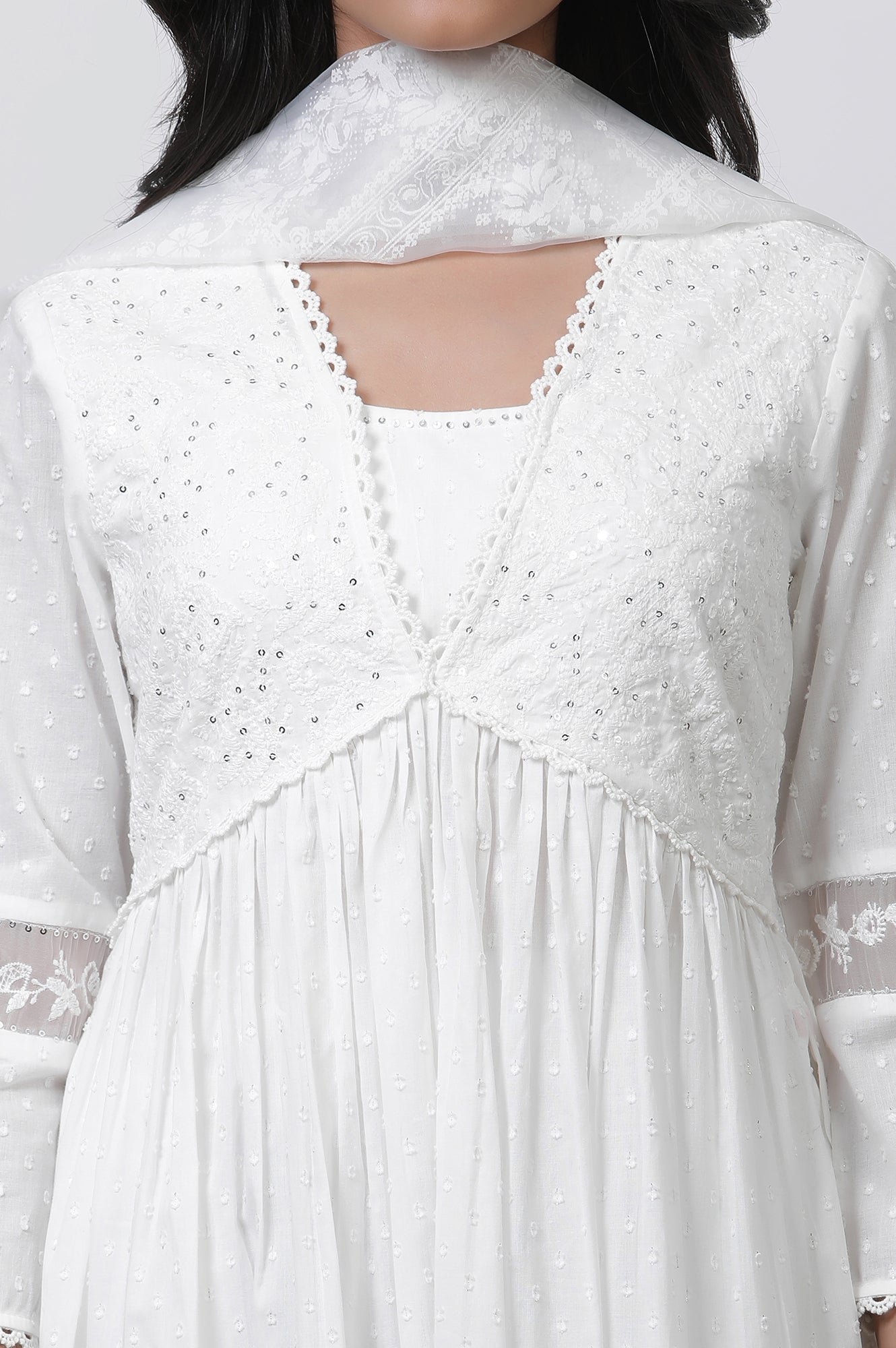 W for Woman White Embellished Kurta, Pants and Dupatta Set