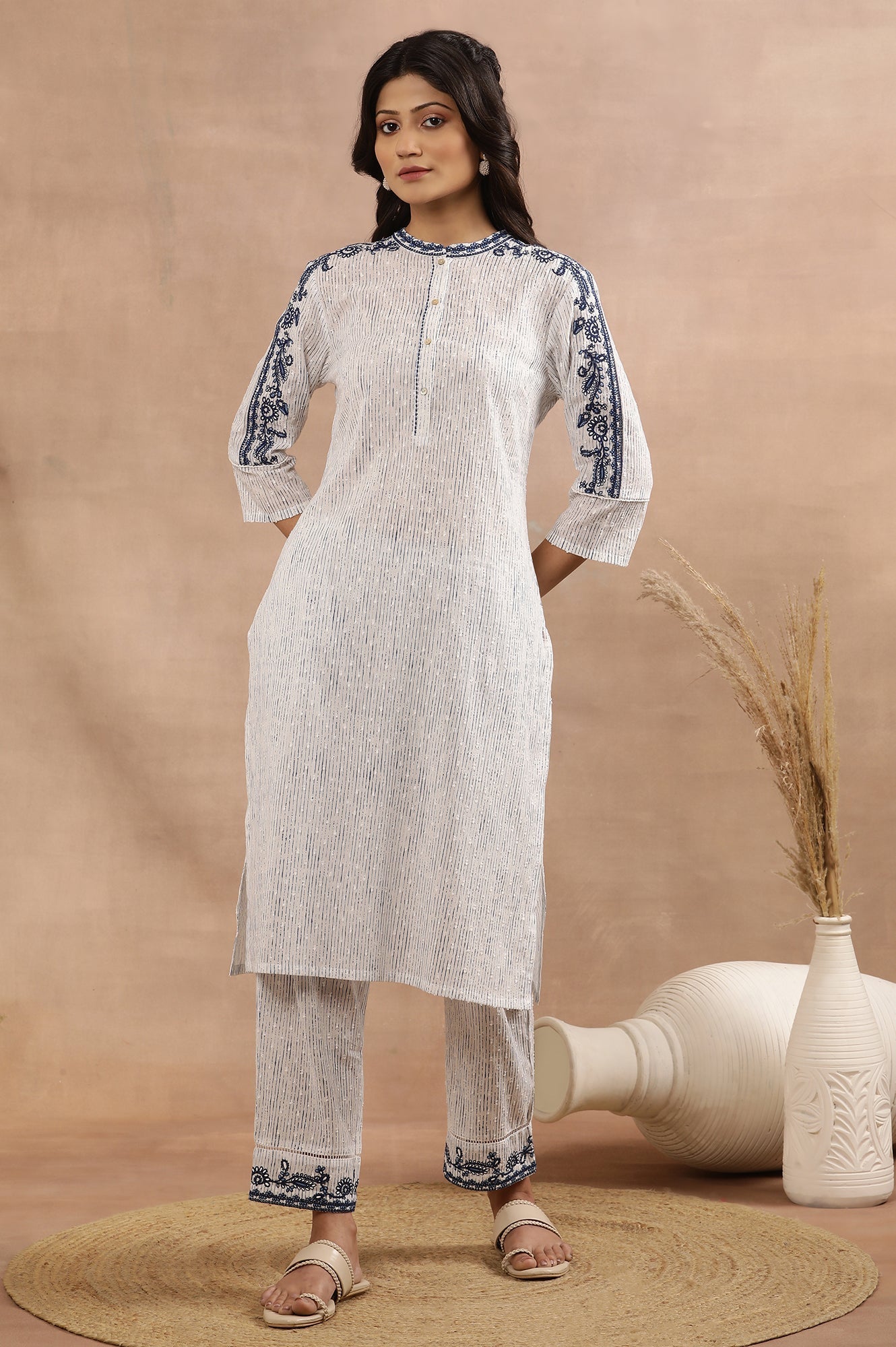 W for Woman White And Blue Cotton Printed Kurta With Embroidery And Pants Set