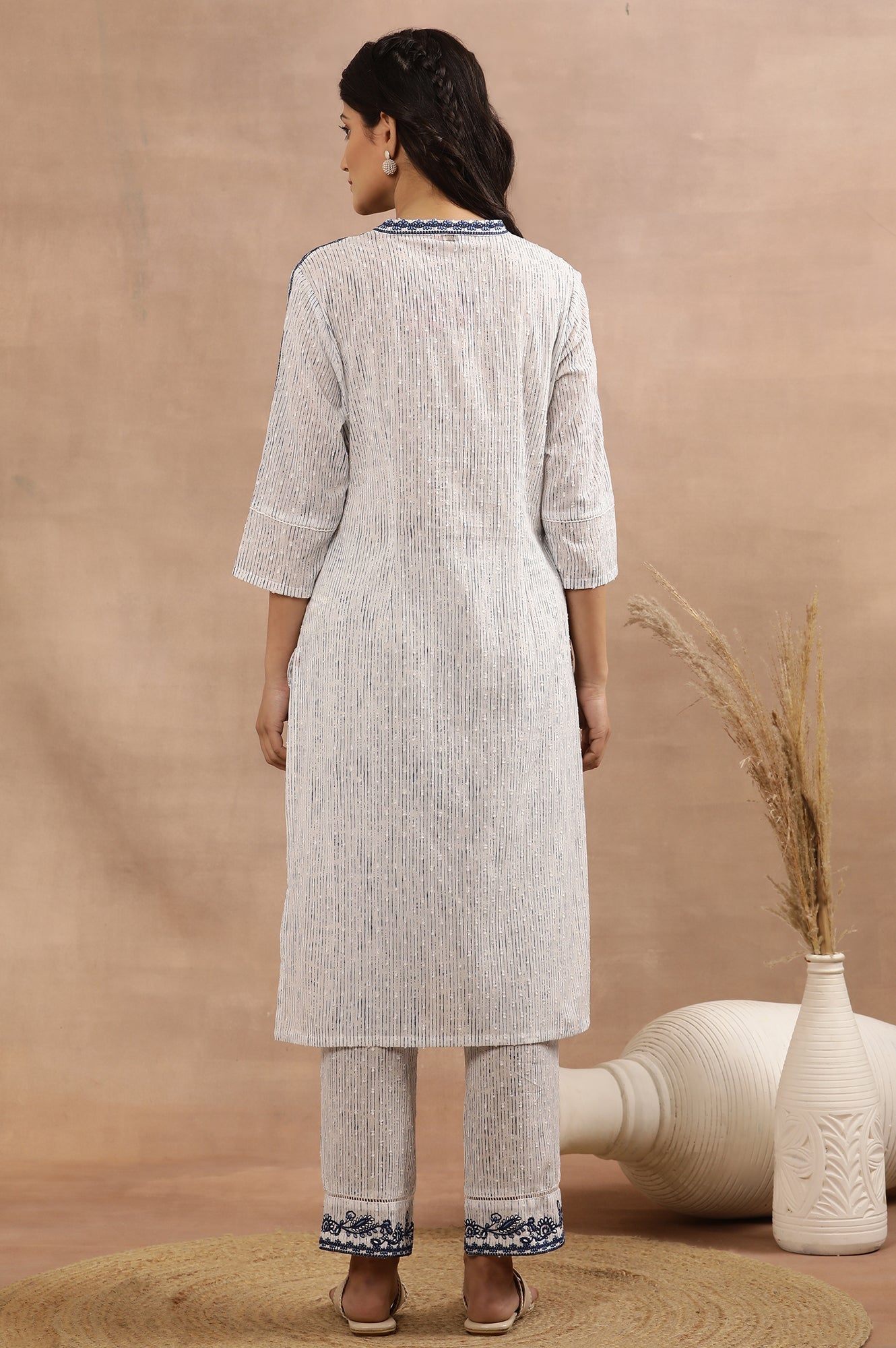 W for Woman White And Blue Cotton Printed Kurta With Embroidery And Pants Set
