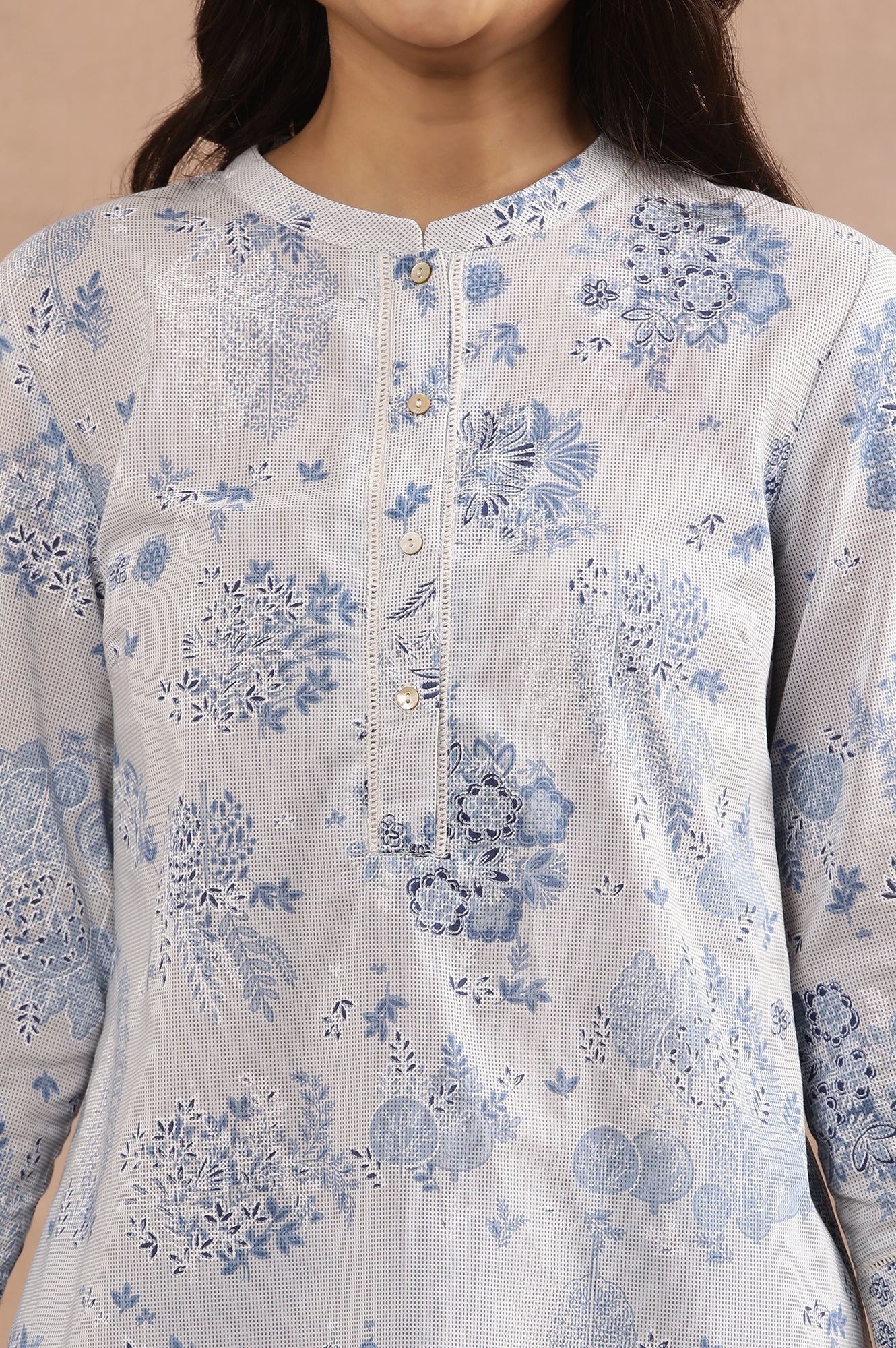 W for Woman Light Blue Printed Short Kurta And Pants Co-Ord Set