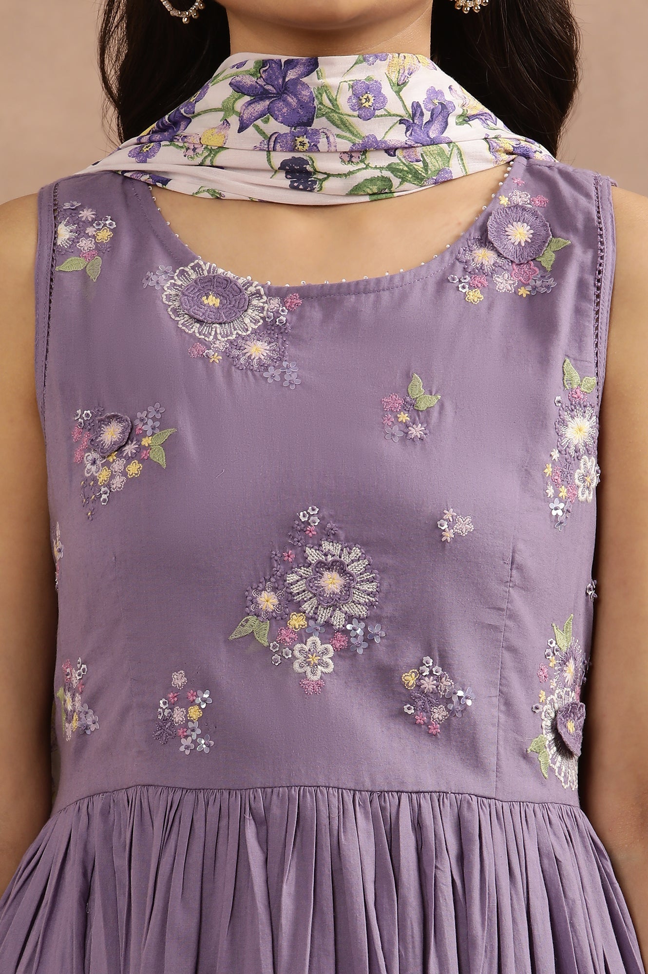 W for Woman Purple Embroidered A-Line Kurta, Pants And Printed Dupatta Set
