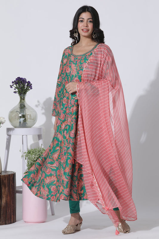 W for Woman Green Floral Printed Anarkali Kurta, Tights And Dupatta Set