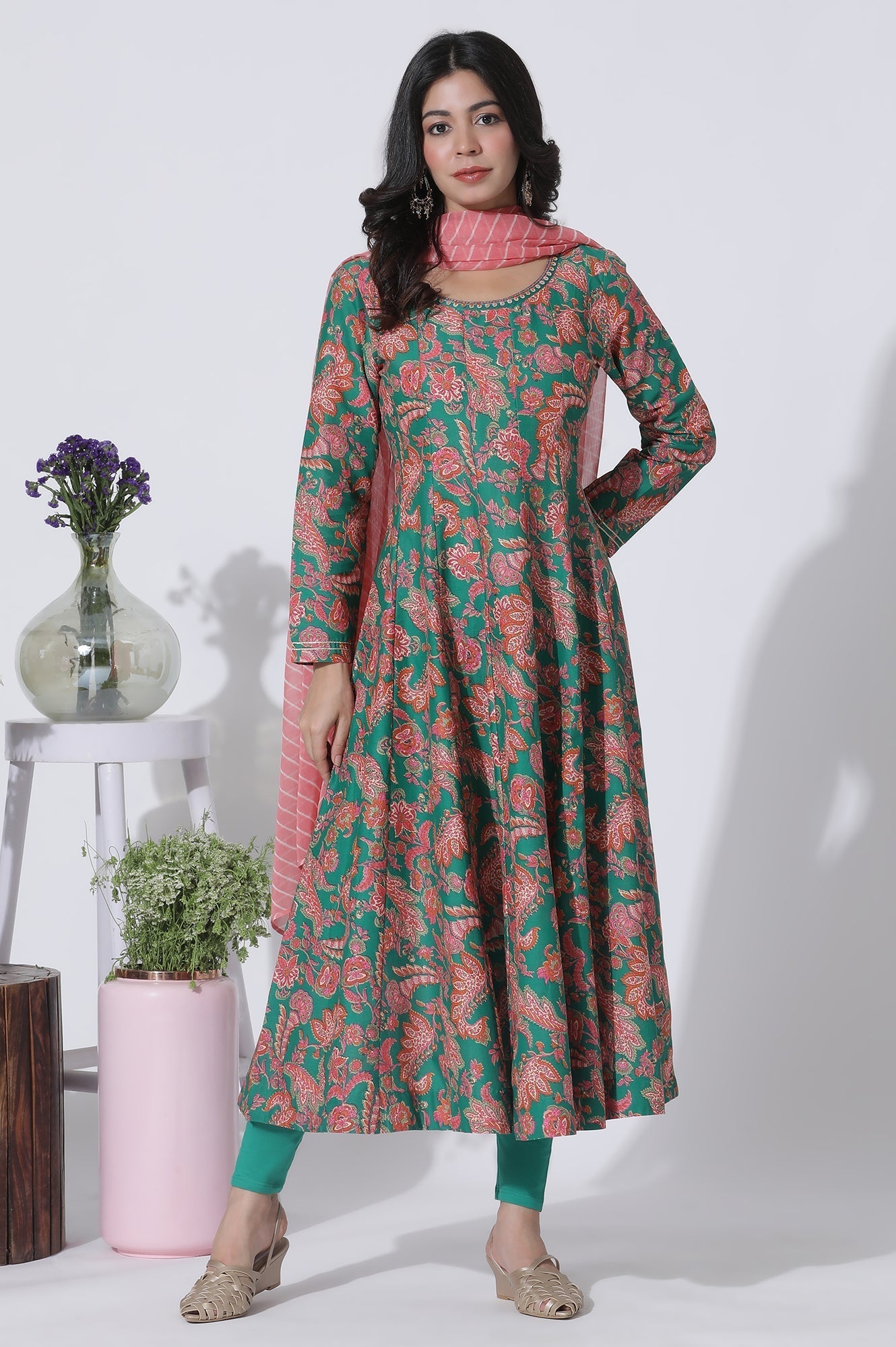 W for Woman Green Floral Printed Anarkali Kurta, Tights And Dupatta Set