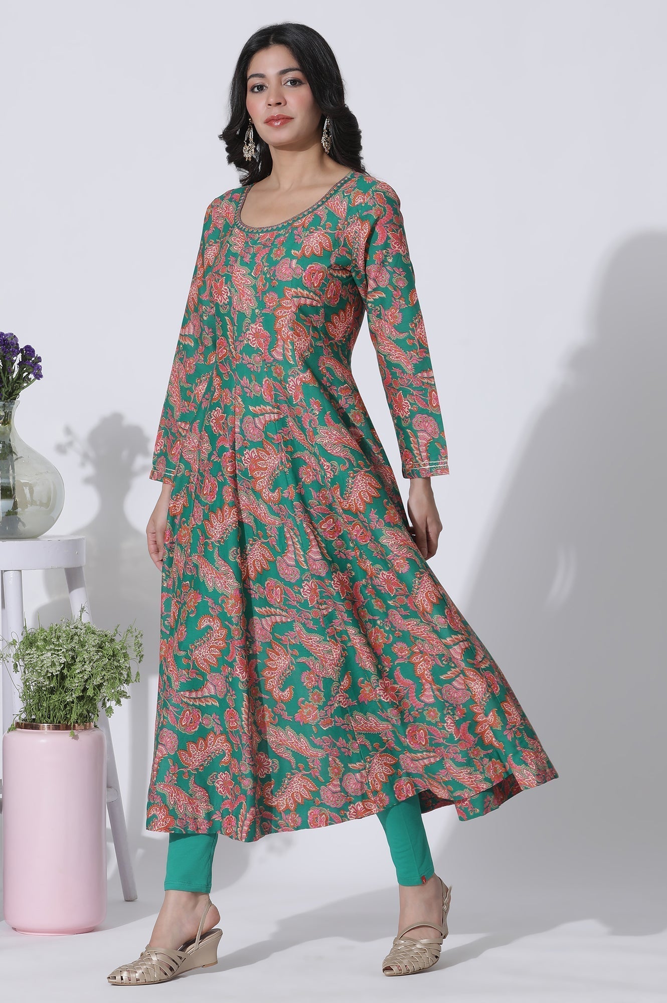 W for Woman Green Floral Printed Anarkali Kurta, Tights And Dupatta Set