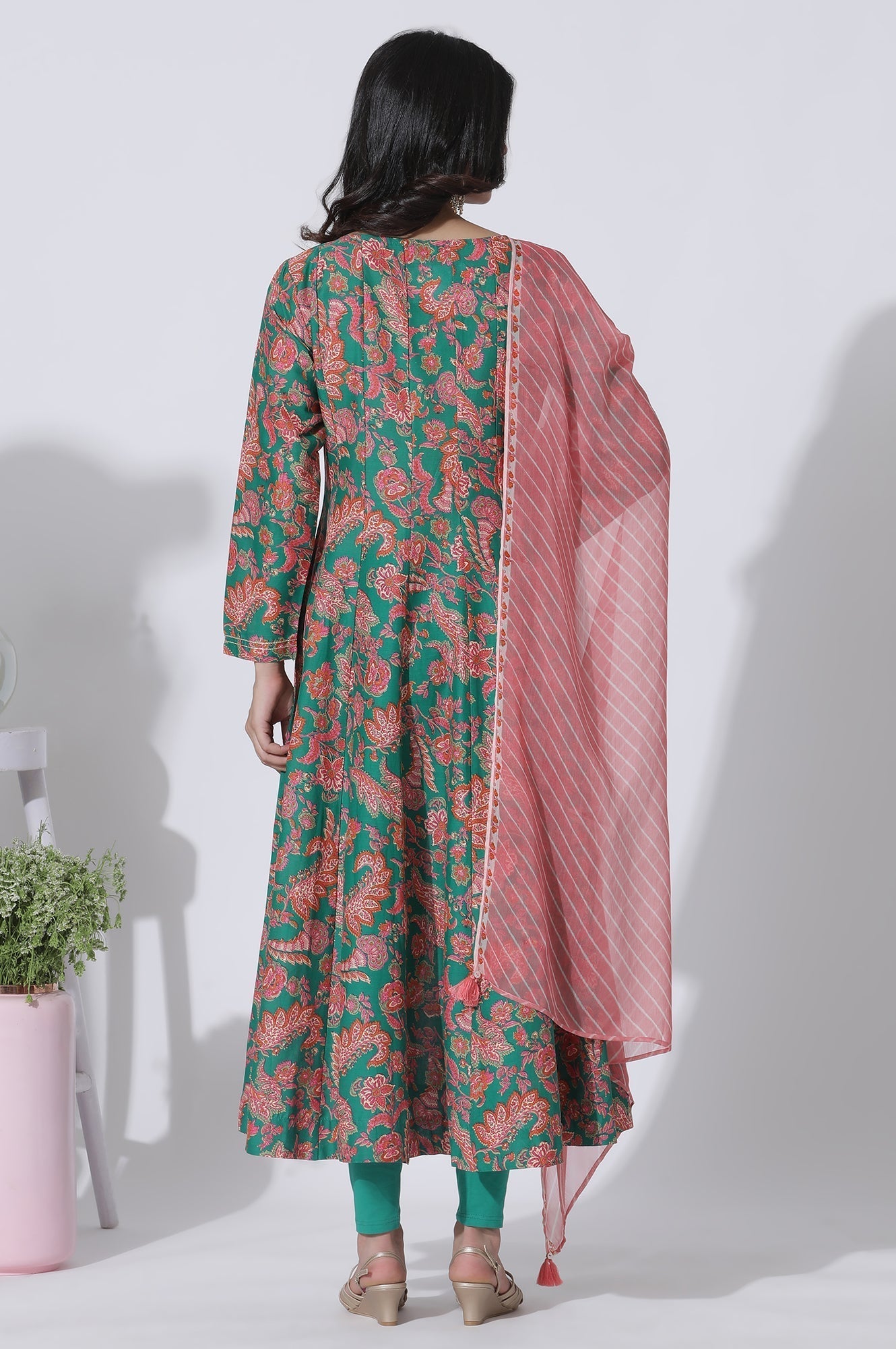 W for Woman Green Floral Printed Anarkali Kurta, Tights And Dupatta Set