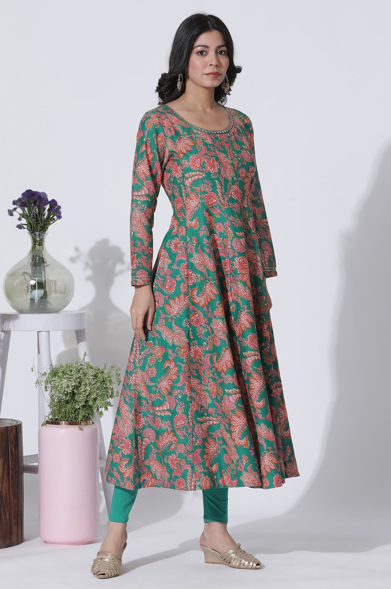 W for Woman Green Floral Printed Anarkali Kurta, Tights And Dupatta Set
